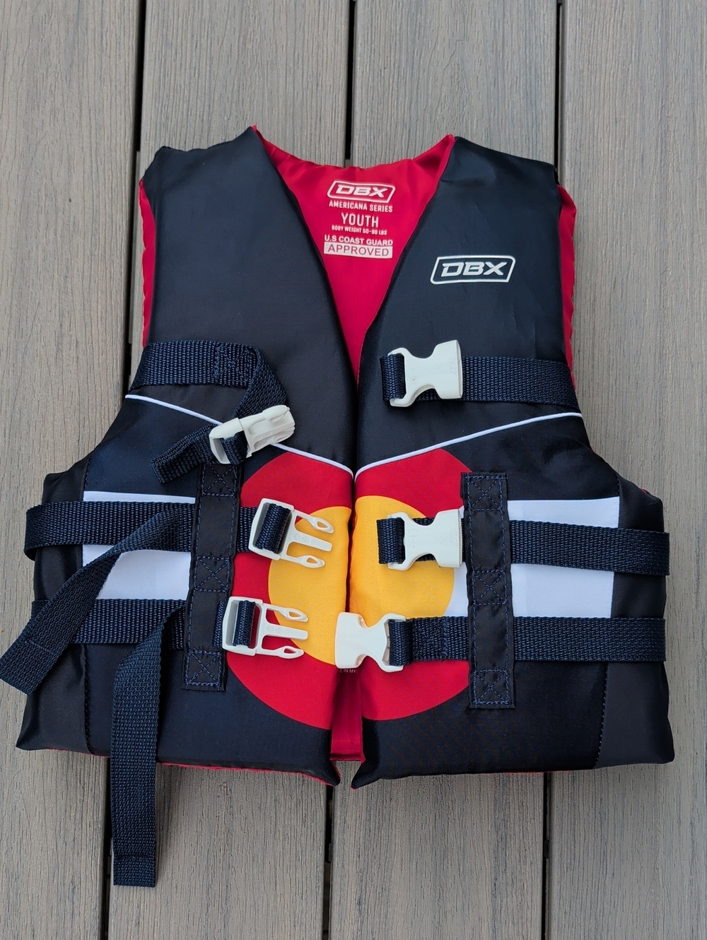 DBX Youth Life Jacket - Colorado Flag Emblem In Navy, Red, Yellow